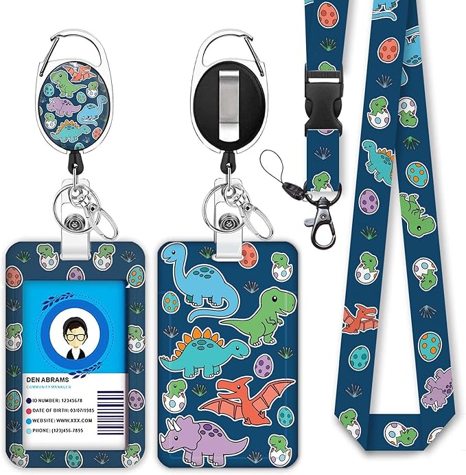Cute Dinosaur Lanyards for Id Badges, Retractable ID Badge Holder with Detachable Lanyard, Fashionable Badge Reel Heavy Duty with Carabiner Clip, Nurse Teacher Office Gifts