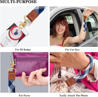 Fishent Stretchy Wristlet Keychain,Braided Cute Wrist Lanyards for Keys, Key Chain Holder for Women Men, Wrist Strap Keychain for Car Keys Phone Camera Wallet ID Badges Card (Blue-White)