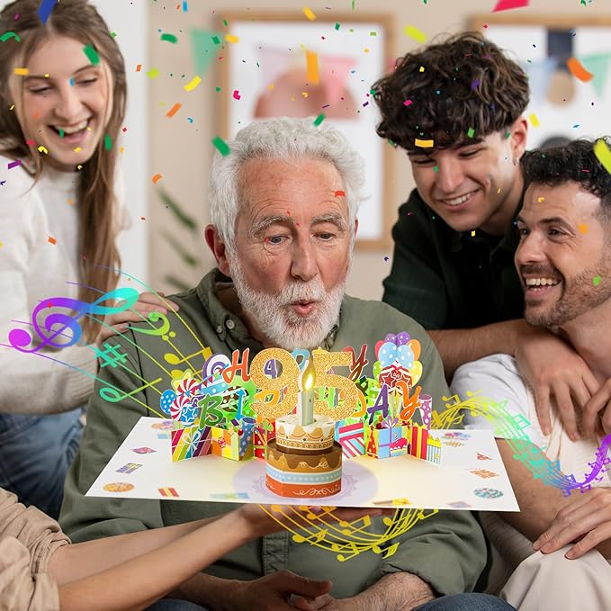 Gumry 95TH Musical Birthday PopUp Card, Blowable Colorful Light Candle 3D Cards with Song, Applause Cheers Sound, Greeting Cards Birthday Gifts Decorations for Women Men Turning 95 Years Old