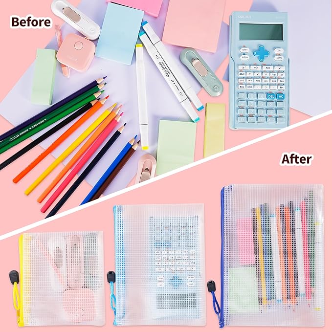 24pcs Mesh Zipper Pouch Bags - 8 Sizes Plastic Zipper Pouches for Organization, Mesh Bags with Zipper, Waterproof Clear Travel Pouches, UMETDO File Bag with Zipper for Office Supplies