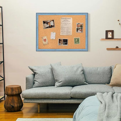 DOLLAR BOSS Cork Boards for Walls, 24 X 18 Inches Bulletin Board Decorative Hanging Pin Board Rustic Wooden Frame Vision Board Notice Board for Office Home Decor, Blue