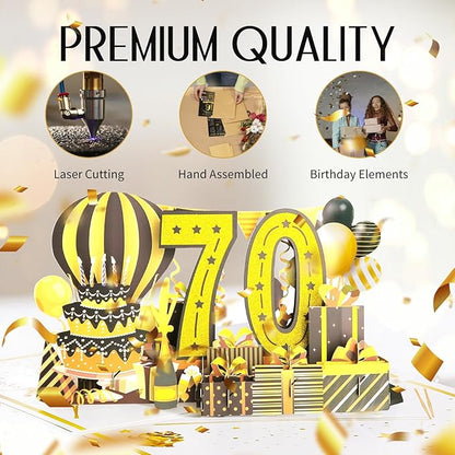 70th Birthday Card for Women Men, Jumbo 3D Pop Up 70th Bday Card for Mom Dad, Happy 70 Year Old Women Men Funny Birthday Gifts, Review of 1955, Black Gold