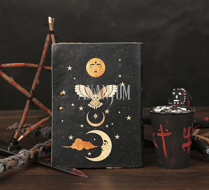 Handmade Leather Journal, Black, Sun & Moon Design, 7 x 5 Inch, 200 Unruled Pages, Hand Embossed, Deckle Edge Paper, Brass Clasp Lock, Vintage Notebook Diary, Sketchbook for Artists & Writers