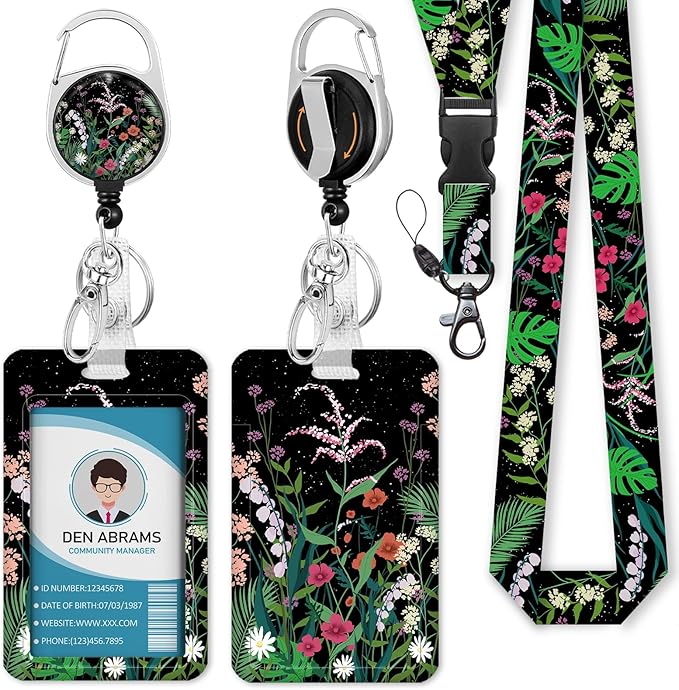 ID Badge Holder with Breakaway Lanyards, Flowers Floral Badge Holder with Lanyard, Retractable Reel Keychain Name Tag Lanyard Vertical ID Card Protector for Women Teacher Nurses Doctor Student