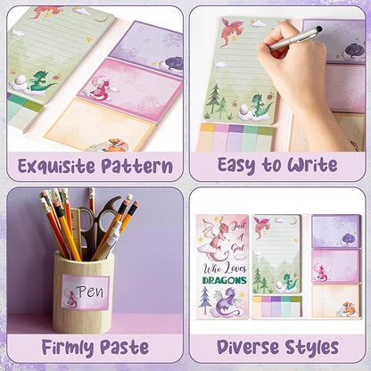 B1ykin Sticky Notes Set - Cartoon Theme Cute Self-Stick Notes Pad Teacher Appreciation Gifts， Self-Adhesive Writing Memo Pages Sticky to Do Notepad for Kids Employee School Office (Watercolor Dragon)