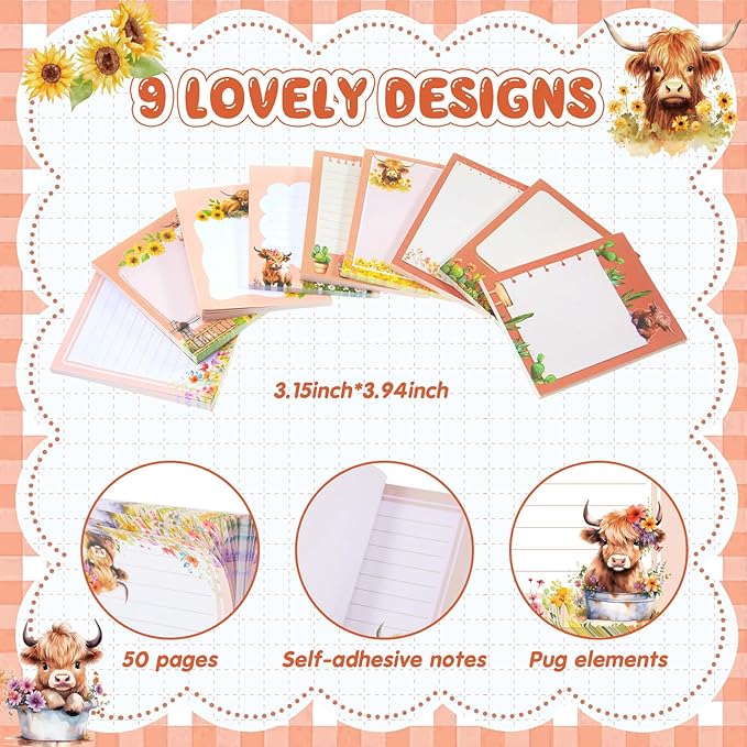 Sabary 9 Pads Sticky Notes 3.15 x 3.94 Inches Cute Self Sticky Note Pads Colored Adhesive Notepad for Memo Reminder Journal Studying Office Home Gift(Highland Cow)