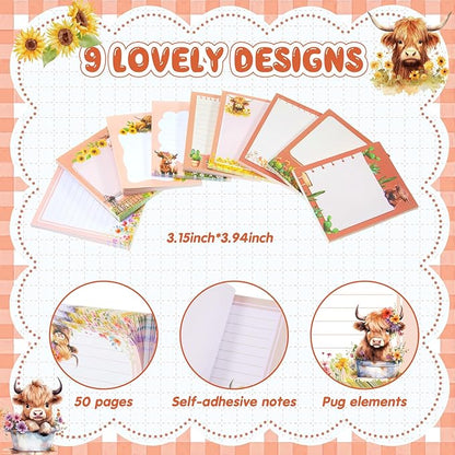 Sabary 9 Pads Sticky Notes 3.15 x 3.94 Inches Cute Self Sticky Note Pads Colored Adhesive Notepad for Memo Reminder Journal Studying Office Home Gift(Highland Cow)