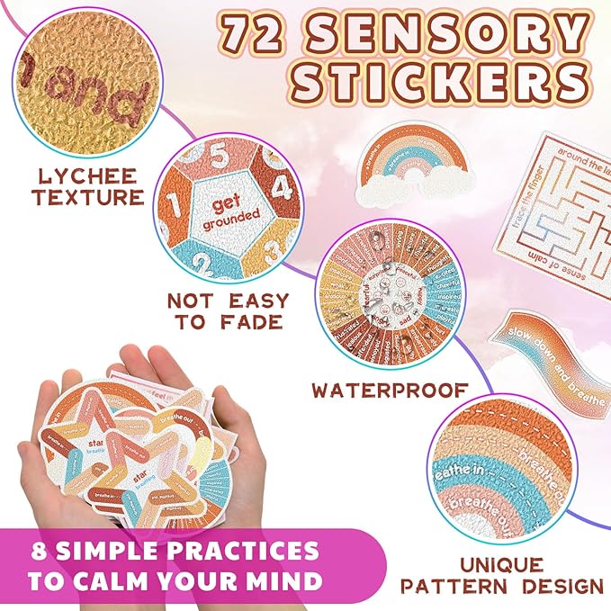 Libima 72 Pieces Anxiety Sensory Stickers Anxiety Textured Stickers Fidget Stickers Mindfulness Sticker School Counselor Supplies Adult Sensory Items Anxiety Relief, 9 Styles (Groovy Color)