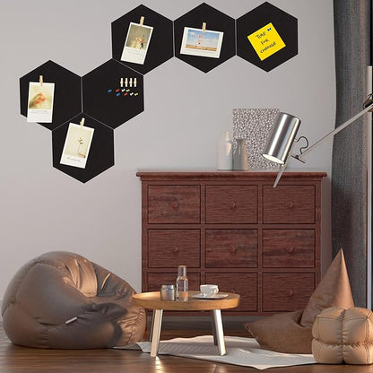 6Pcs Black Hexagon Bulletin Board Strips,Black Felt Pin Board Bar Strips with 50 Pushpins, Self-Adhesive Felt Cork Board Strips for Wall to Display Your Notes, Photos, Schedules