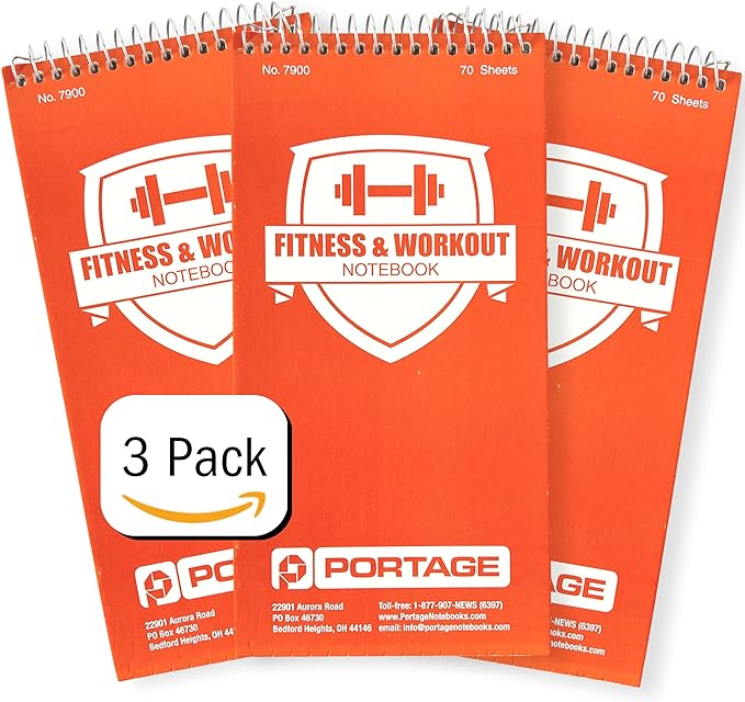 Portage Fitness & Workout Notebook - Fitness Journal, Workout Log, Exercise & Weight Training Notebook Planner, Fitness Tracker Log for Bodybuilding – 4 x 8 Inches, 140 Pages, 70 Sheets (Pack of 3)