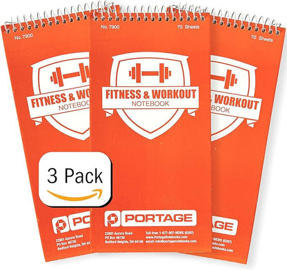 Portage Fitness & Workout Notebook - Fitness Journal, Workout Log, Exercise & Weight Training Notebook Planner, Fitness Tracker Log for Bodybuilding – 4 x 8 Inches, 140 Pages, 70 Sheets (Pack of 3)