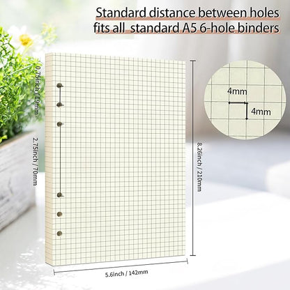 A5 Grid Refill Paper,100GSM A5 Graph Rule Paper/Quad Rule Filler Paper for 6 Ring Refillable Binder/Planner/Diary Journals/Painting, 80 Sheets/160 Pages (Beige-Grid-A5)