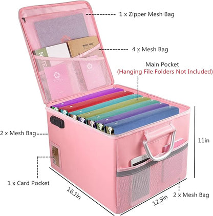 Fireproof Document Box File Organizer Box, Fireproof File Cabinet Box Storage Filing Cabinet Box with Lock, Portable Office Safe Box for Hanging Letter/Legal Folder 16.1 x 12.9 x 11in (Pink)