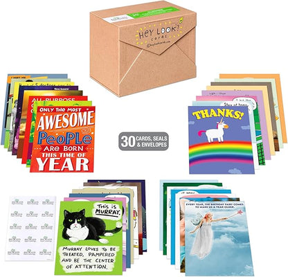 Recycled Paper Greetings 30-Count Funny All Occasion Card Assortment with Envelopes, Seals, and Storage Box by Hey Look!