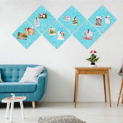AKTOP Cork Bulletin Board 12x12, 1/2" Thick Felt Cork Board Tiles 12 Pack, Small Square Pin Board for Wall, Self Adhesive Corkboards with 120 Push Pin Wood Clips for School, Home & Office, Baby Blue