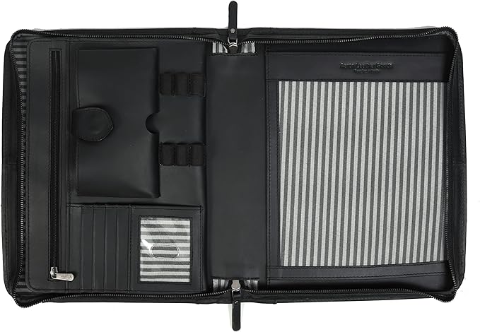 Zippered Genuine Leather Business Portfolio | Easy to Carry Organizer with Writing Pad Holder, Business Card and Pen Slots. IPAD/Tablet Holder and Flip-Closure Phone Pocket