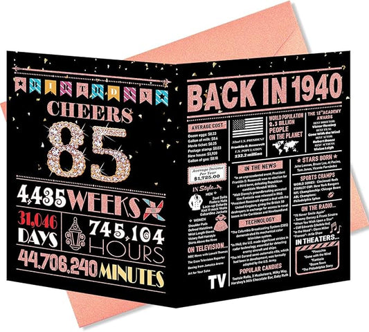 85th Birthday Card, 85th Birthday Decorations for Women, 85th Birthday Gifts for Grandma, Back in 1940 Birthday Card, Rose Gold