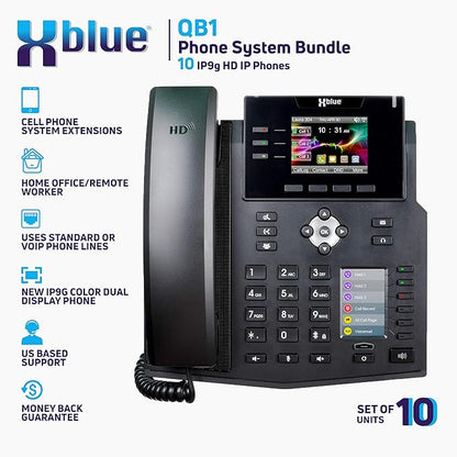 Xblue QB System Bundle with 10 IP9g IP Phones Including Auto Attendant, Voicemail, Cell & Remote Phone Extensions & Call Recording, Black, (QB1010)