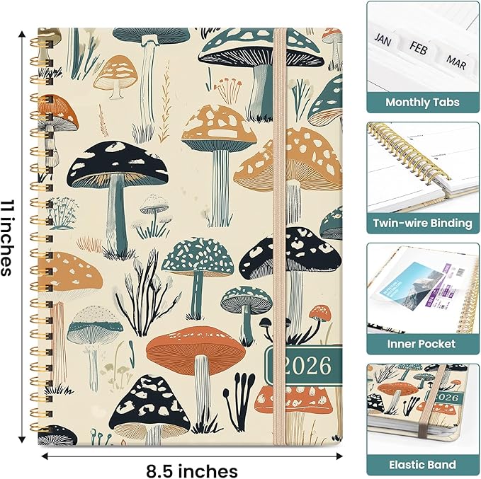2026 Planner, Aesthetic Weekly and Monthly Planner for Women, Jan 2026 to Dec 2026, Hardcover 2026 Calendar Book with Monthly Tabs, Inner Pocket, Perfect for Office Home School - A4 (8.5" x 11"), Mushrooms Grove