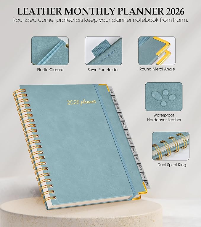 2026 Planner, Weekly and Monthly Calendar Planner from January 2026 - December 2026, 5.75" x 8.38" Hardcover Leather Hourly Appointment Book with Tabs, A5 Spiral Daily Planners for College School Work Home, Blue