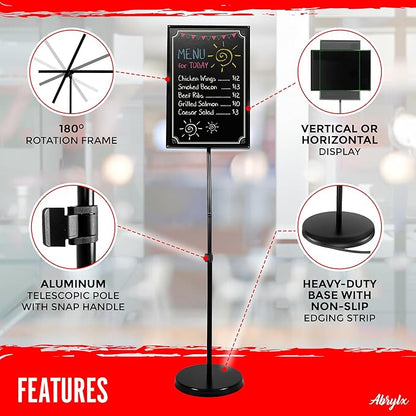 ABRYLX Magnetic Chalkboard Sign with Adjustable Aluminum Pedestal Stand - 30x45cm Black Chalk Board for Weddings, Restaurants, and Events Stand with 6 Liquid Chalk Markers Included