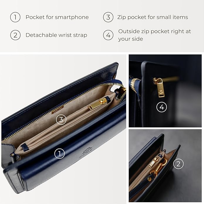 Time Resistance Leather Clutch for Men Organizer Wrist Bag Briefcase Handmade in Italy Gift Box Included