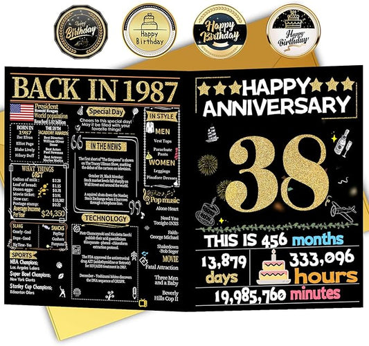Joycard 38th Anniversary Card for Women Men, Gold Wedding Card for Wife Husband, Sweet Marriage Decorations Gifts for Couple, Perfect for Her Him on Anniversary Day, Back in 1987
