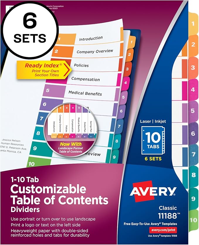 Avery 10 Tab Dividers for 3 Ring Binders, Customizable Table of Contents, Multicolor Tabs, 6 Sets (11188)
