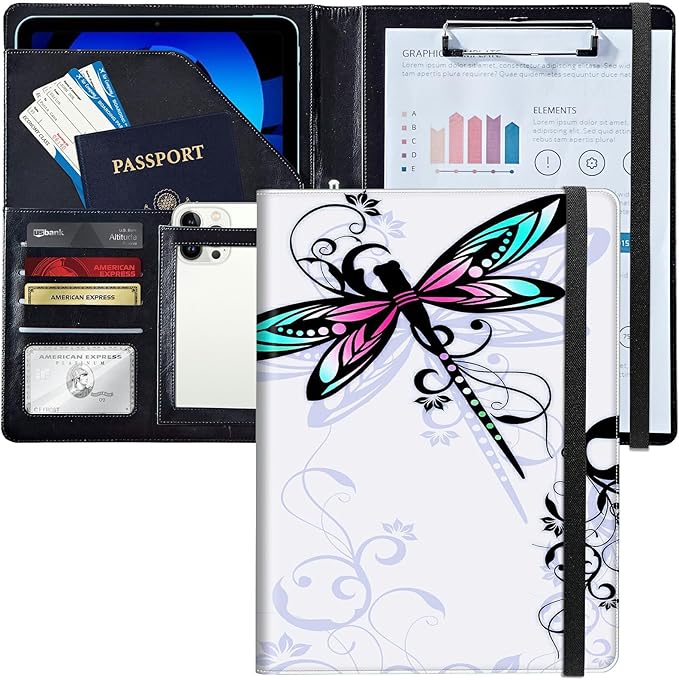 PU Leather Padfolio Folder Clipboard Portfolios Organizer Conference Document Organizer with Business Card Holder Storage Clipboard Writing Pad,Dragonfly with Lotus Flower