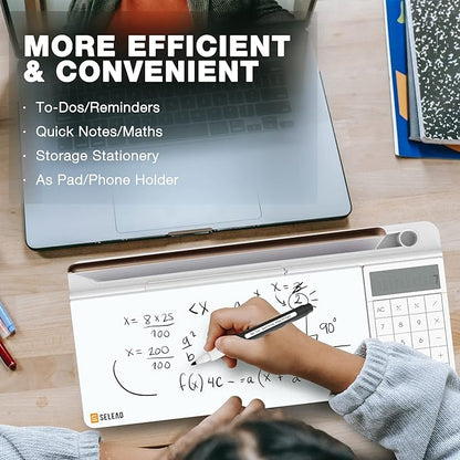 SELEAD Desktop Glass Whiteboard with Calculator, Organizer, Markers, Eraser, Holder - Small Dry Erase White Board Computer Pad Keyboard Stand for Home, School, Office Desk Cubicle Accessories