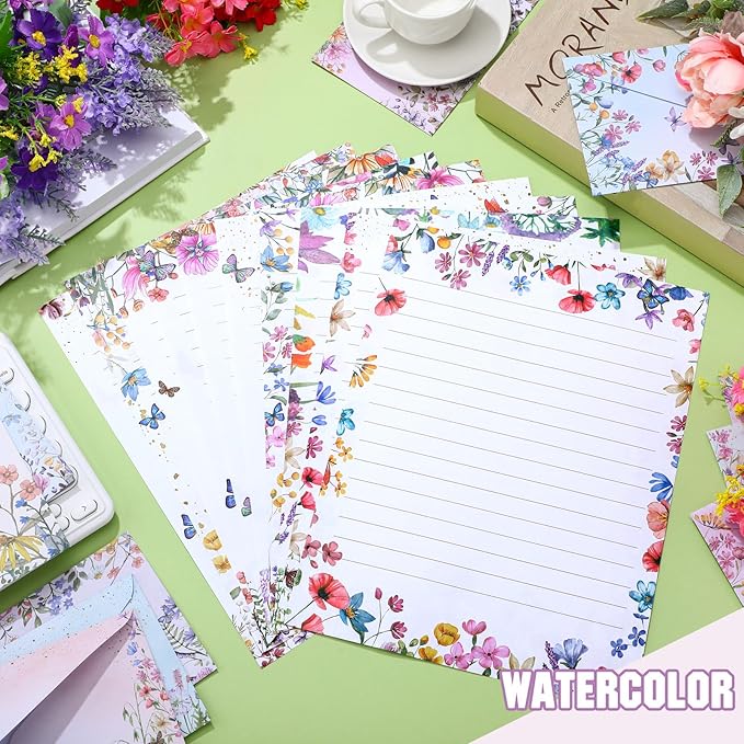 TaoBary 160 Packs Stationery Paper Set (50 Double Sided Stationery Writing Papers 50 Matching Envelopes) 60 Round Dot Sticker, 10 Design(Wildflower,8.5 x 11 Inch)