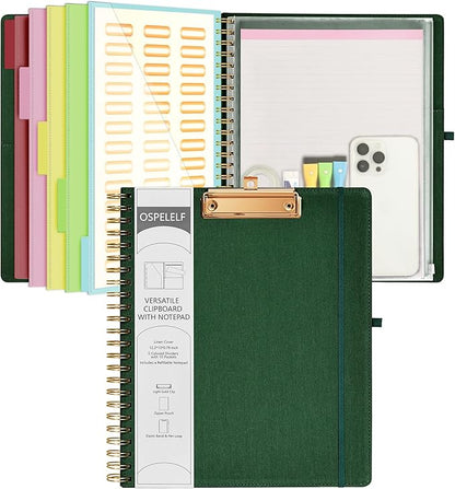 Ospelelf Foldable Spiral Clipboard Folio with Storage Zipper Pouch, 5 Plastic Folders with 10 Pockets,Refillable Lined Notepad (11" x 8.5"), Hardcover Project Organizer with 39 Stickers (Dark Green)