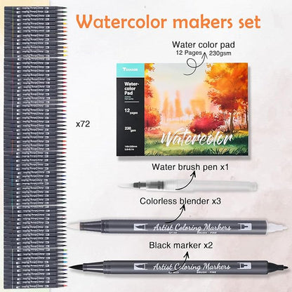 Watercolor Pens Set, 72-Color Dual Tip Paint Markers, Water-Based Coloring Markers with 1 Aquapen, 3 Colorless Blenders, 2 Black Markers, and 12-Page Pad, Art Supplies for Artists and Beginners