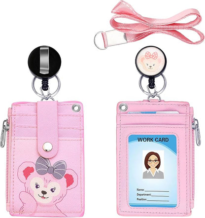 Cute ID Badge Holder Retractable Lanyard Reel Clip with Heavy Duty Carabiner, 5 Card Slots in 2 Sided with Key Ring and Zipper for Students Teens Boys Girls Office Staff Women (Pink Bear)