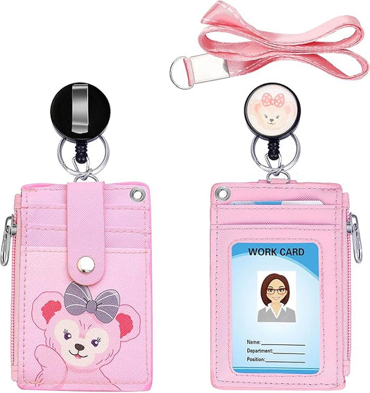 Cute ID Badge Holder Retractable Lanyard Reel Clip with Heavy Duty Carabiner, 5 Card Slots in 2 Sided with Key Ring and Zipper for Students Teens Boys Girls Office Staff Women (Pink Bear)