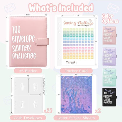 100 Envelopes Saving Challenge Binder, A5 Money Saving Budget Binder with 100 Cash Envelope | Savings Challenges Save $5,050 (Pink)