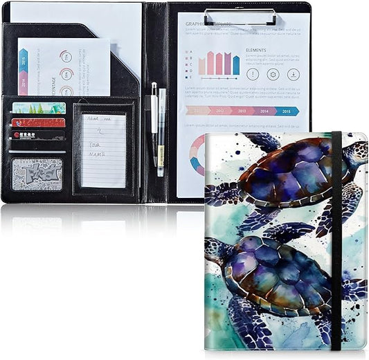 Padfolio Folder with Clipboard,Portfolios Organizer Clipboards with Storage Clipboard Writing Pad PU Leather Conference Document Organizer with Business Card Holder,Sea Turtle