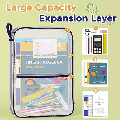 Pendancy Mesh Zipper Pouch 14.8x10.8 in Transparent Lightweight Nylon File Folders, A4 Size Multi-Layer Subject Document Organizer Accessories Storage Bag for Office and School Supplies(Dark Blue)