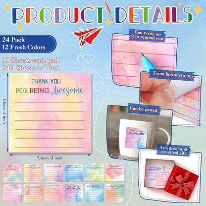 Yinder 24 Pcs Employee Appreciation Sticky Notes Thank You Gifts Bulk Note Pads with Sayings Teacher Gift Mini Pocket Inspirational Notepads for Coworker Office Supply 3 x 3''(Watercolor,Thanks)