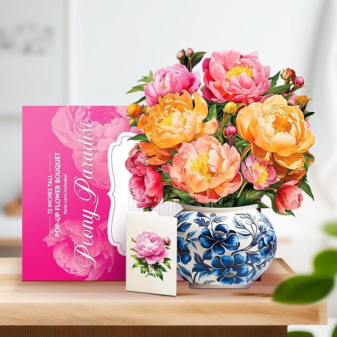 Paper Pop-Up Flower Card, Peony, Forever Flowers Bouquet 3D Popup Greeting Cards, Blank Note Envelope, Birthday Gift Cards, Mother's Day, Holiday Decorations