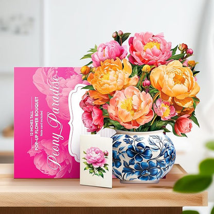 Paper Pop-Up Flower Card, Peony, Forever Flowers Bouquet 3D Popup Greeting Cards, Blank Note Envelope, Birthday Gift Cards, Mother's Day, Holiday Decorations