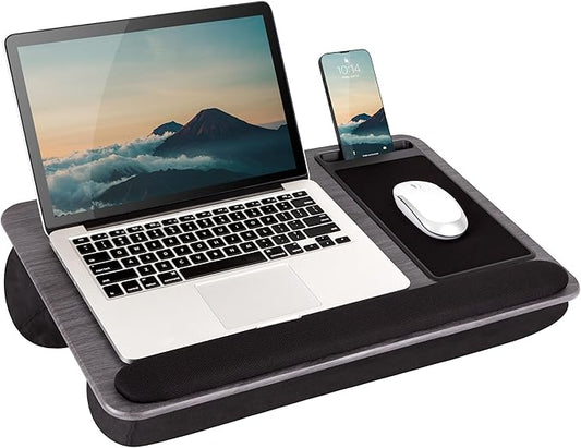 LAPGEAR Home Office Pro Lap Desk with Wrist Rest, Mouse Pad, and Phone Holder - Gray Woodgrain - Fits up to 15.6 Inch Laptops - Style No. 91595