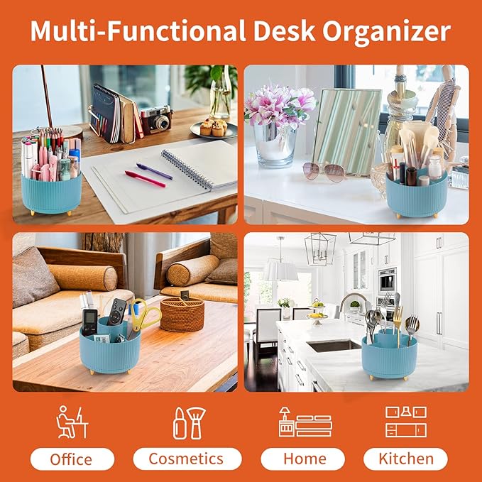 Desk Pencil Pen Holder, 5 Slots 360°Degree Rotating Organizers for, Desktop Storage Stationery Supplies Organizer, Cute Cup Pot Office, School, Home, Art Supply, Blue