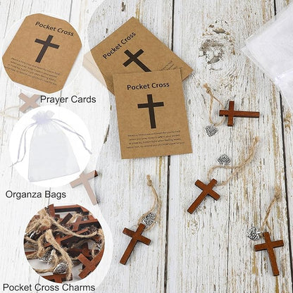 Bulk 30 Pocket Cross Cards Christian Gifts, Wooden Pocket Cross Charm Christian Religious Gifts Small Faith Based Comfort Baptism Gift Inspirational Gifts for Women Men(Hollow Out Heart)