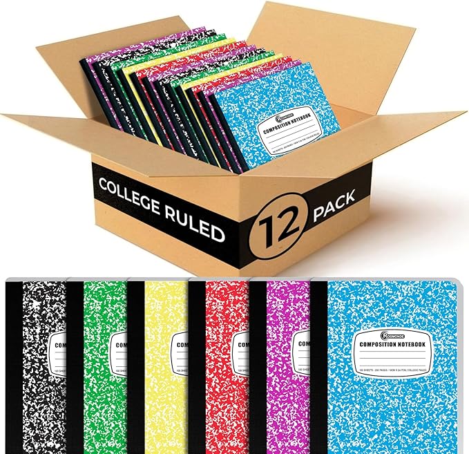 12 Pack Bulk Composition Notebooks College Ruled, 200 Pages (100 Sheets), 9-3/4 x 7-1/2, Hard Cover College Ruled Notebooks, Assorted Colors Composition Notebook For School, Colors May Repeat