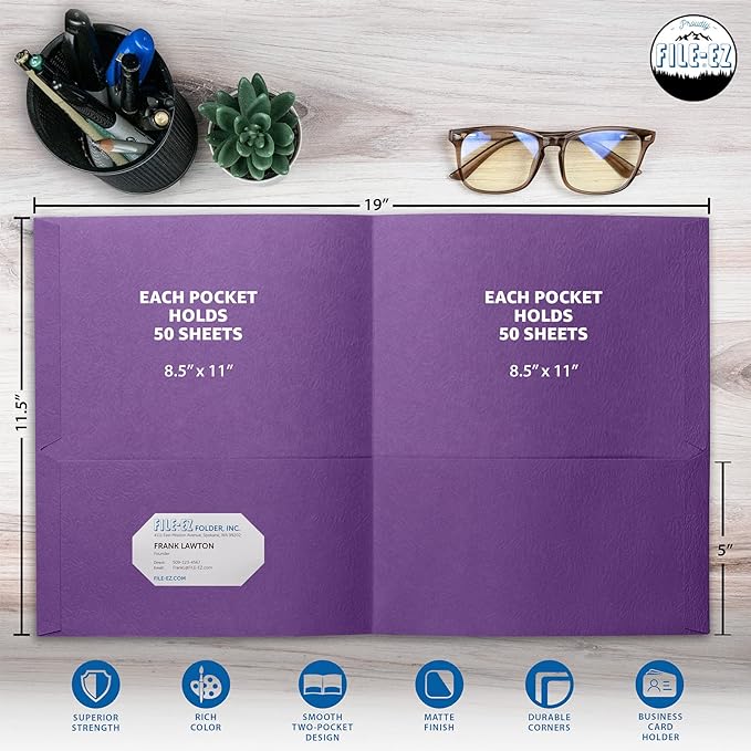 FILE-EZ Two-Pocket Folders, Purple, 125-Pack, Textured Paper, Letter Size (EZ-32445)