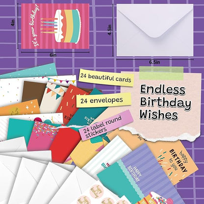 24 Pack Scented Birthday Cards with Envelopes & Stickers, 4x6 Inch Bulk Scratch and Sniff Greeting Cards, Happy Birthday Notes for Family, Kids, Friends, Parties and Office Celebrations