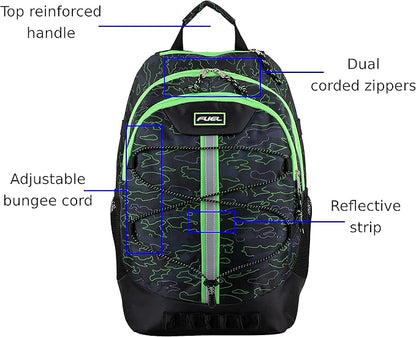 FUEL Hiking Backpack for Women Men Terra Sport, Travel, College, Gym, Work with Laptop Sleeve, Bungee, 18 Inches, Neon Outline Camo