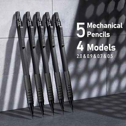 Four Candies Metal Mechanical Pencil Set, 3PCS Art Drafting Pencils 0.5, 0.7, 0.9MM & 2PCS 2MM Mechanical Drawing Pencils with 420PCS Leads (4B 2B HB 2H Color) for Writing Sketching Drawing (Black)