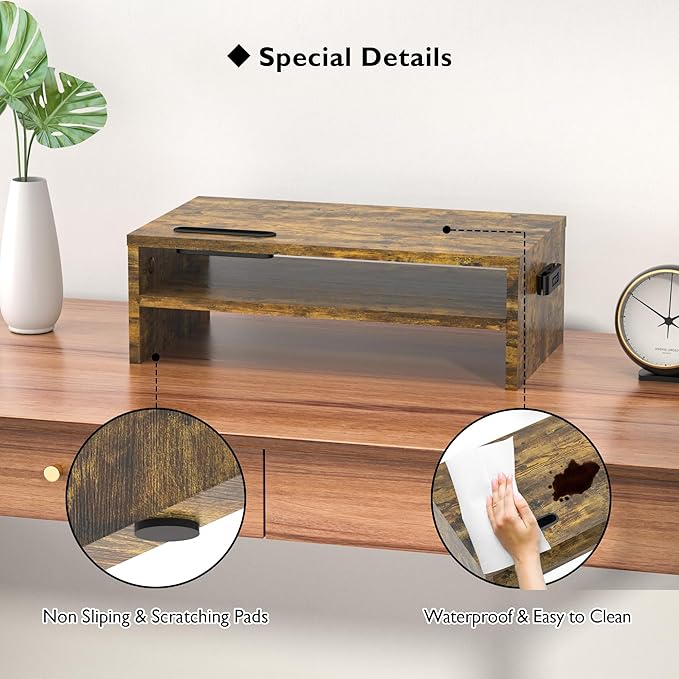 BONTEC Monitor Stand Riser, 2 Tiers Wood Monitor Riser Stand with Storage Organizer, Desktop Ergonomic Monitor Stand Riser with Cellphone Holder and Cable Management, 16.5 Inch Shelf, Vintage Brown
